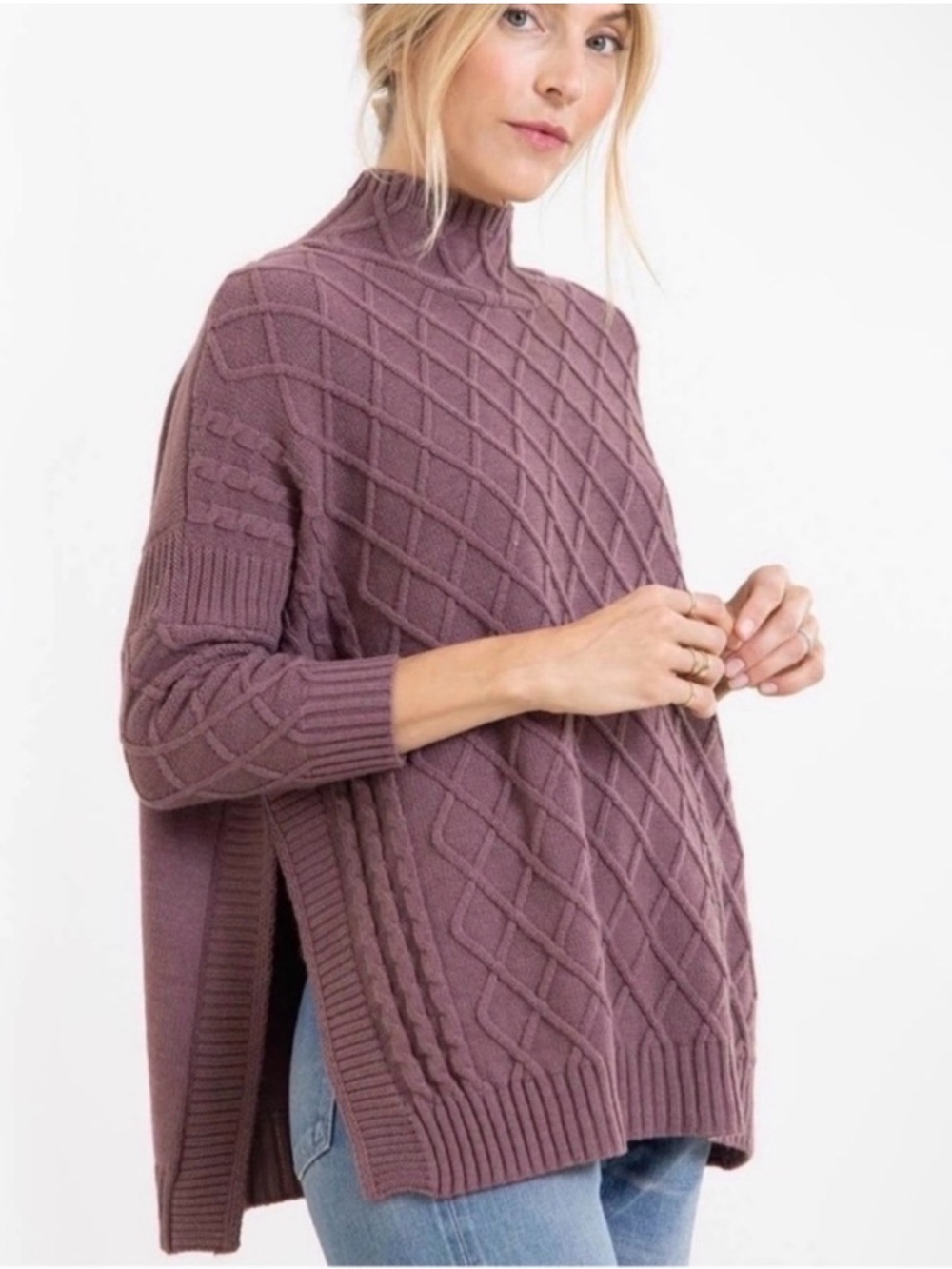 MERSEA Lisbon Traveler Mock Neck Lattice Sweater Dusty Grape One Size